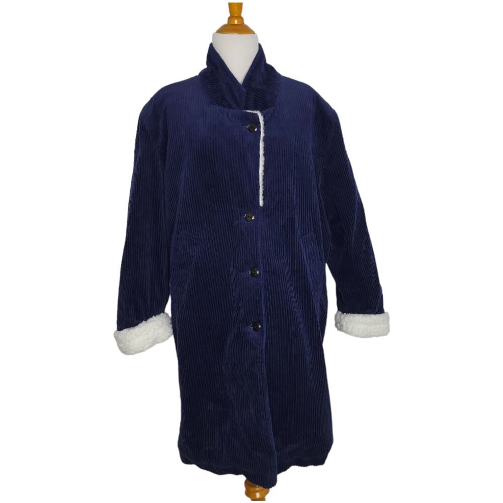 Vintage Corduroy Coat Faux Sherpa Lined Blue Mid Length Cozy Women Small